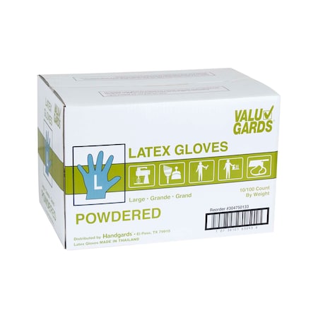 Valugards Valugards P, Disposable Gloves, Latex, Powdered, L, 1000 PK, White 304750133